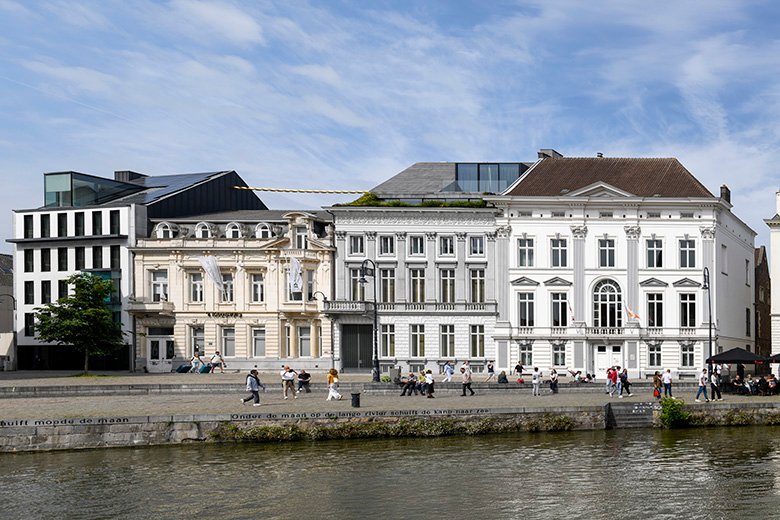 This is a picture of the Graslei in the historic city center of Ghent, Belgium, along the River Leie. 